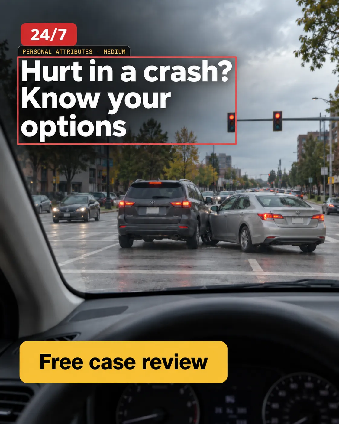 Illustrative car-crash legal-services ad with a red model-detection box around the headline ‘Hurt in a crash? Know your options’, labeled ‘Personal attributes · Medium’, and a ‘Free case review’ button.